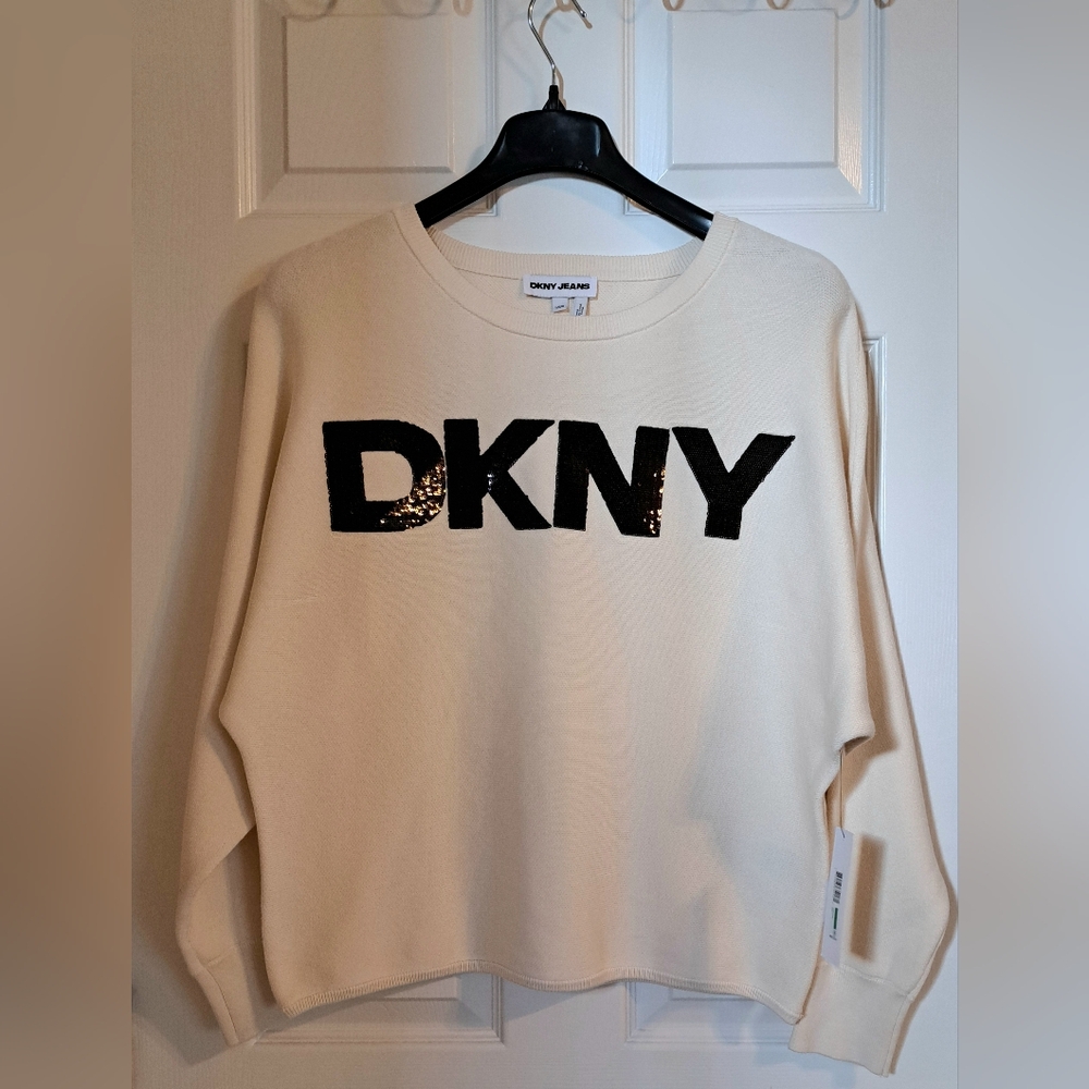 DKNY Cream Sweatshirt with Black Sequin Logo